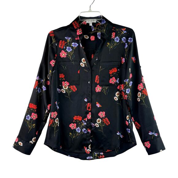 Express Tops - Express The Portofino Shirt Slim Fit Floral Long Sleeve Blouse Black Red Small